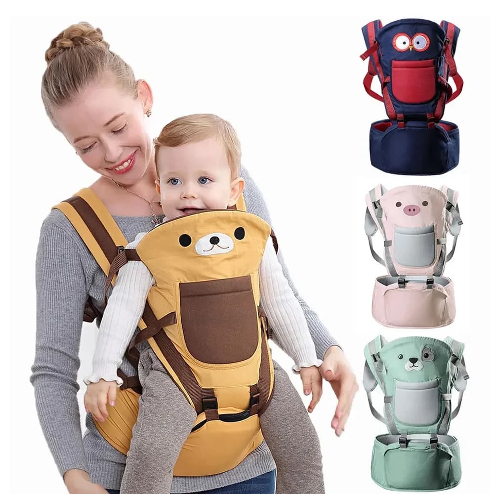 Marsupio Addensare 3-IN-1 Sgabello in vita posteriore Marsupio neonato Orso cartone animato Zaini per neonati Cintura portante con doppia tracolla
