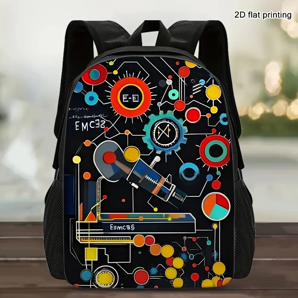 Zaino Grafico STEM - Leggero, con Stampa Meccanica (Ingranaggi, Orologio, Formula), Chiusura a Cerniera, Sfondo Nero