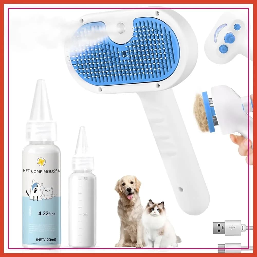 Spazzola a Vapore 3-in-1 per Cani e Gatti - Rimuovi Peli, Spray Nebulizzante e Autopulente - Include Shampoo Senza Acqua - Blu