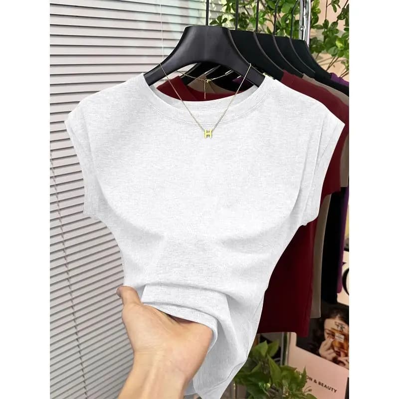 New Summer Women's Retro Street Fashion Round Neck Solid Color Short Sleeve T-shirt Casual Daily Top Gentle and Versatile Style