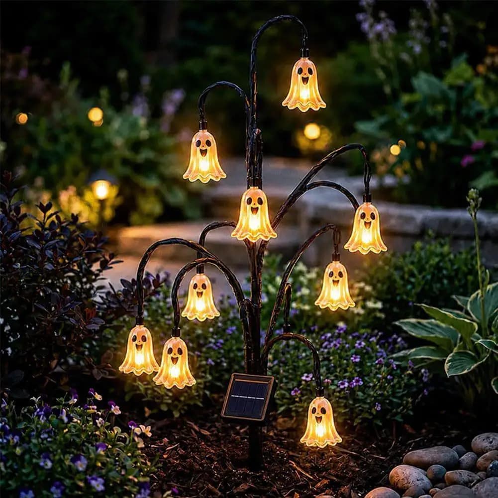 Spooky Yard Art Solar Garden Lights Halloween Solar Tree Stump Light with Ghost Pumpkin Cat Ornaments Twinkling Garden Stake