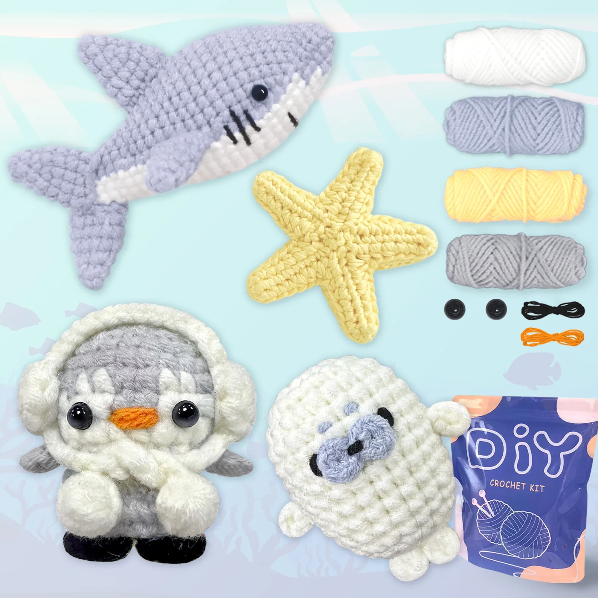 YAMAXIN 4 pezzi kit all'uncinetto fai da te per principianti set di strumenti per artigianato facile a tema animali oceanici arti e mestieri per maglieria