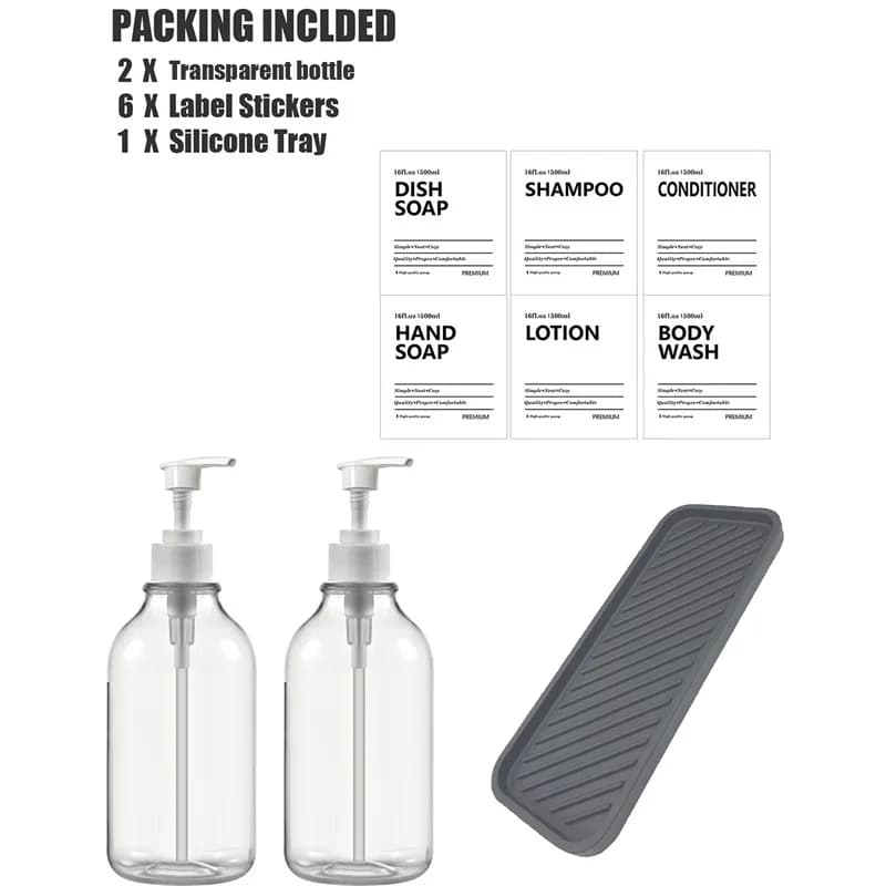 Dispenser di sapone da bagno da 500 ml con etichette Vassoio da cucina Shampoo Balsamo Bottiglie Pompa a mano Contenitore vuoto per gel doccia liquido