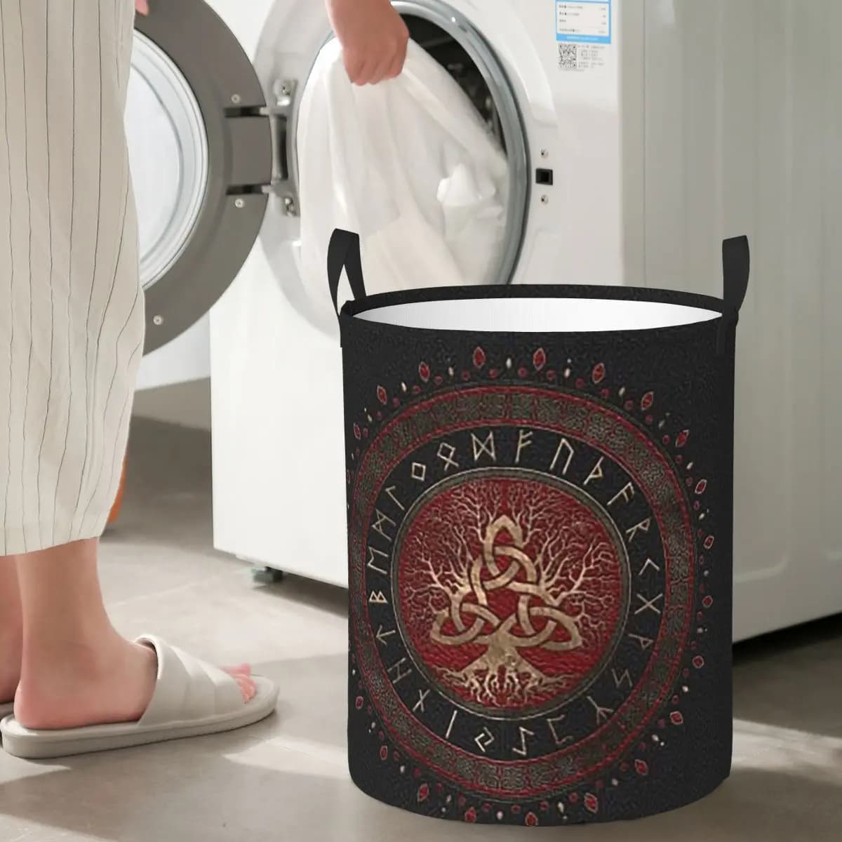 Tree of life with Triquetra Baskets for folding linens in red and gold Black and dirty clothes Basket for various items Bag for home