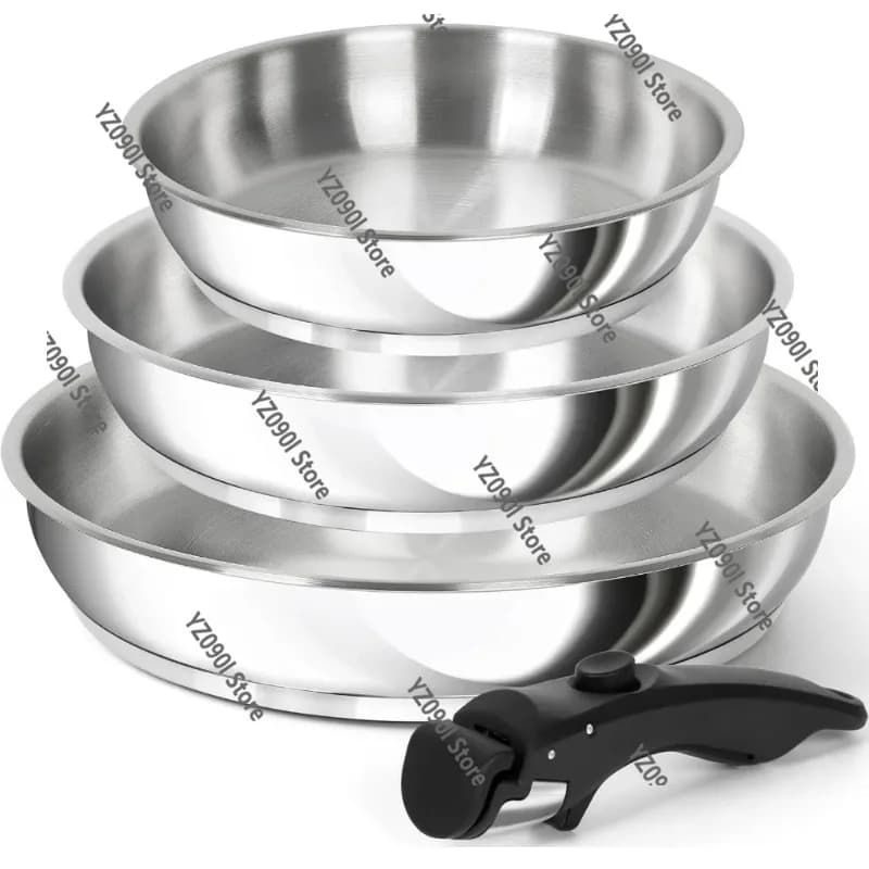 Set di Padelle in Acciaio Inox con Manico Removibile, Base Tripla Antiaderente per Uso Quotidiano in Cucina