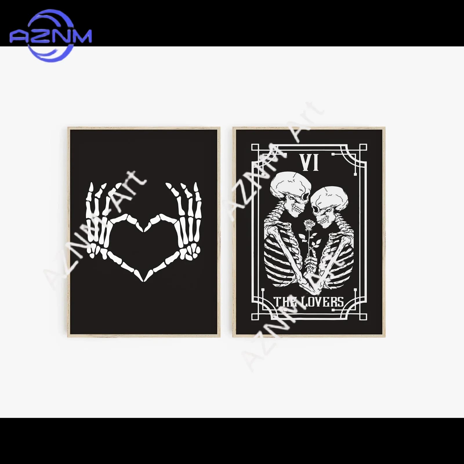 Set da 1/2 pezzi di 2 stampe con scheletri, Carta dei Tarocchi degli Amanti, Set di poster di Halloween, Poster Cuore Scheletro, Decorazioni di San Valentino in stile dark