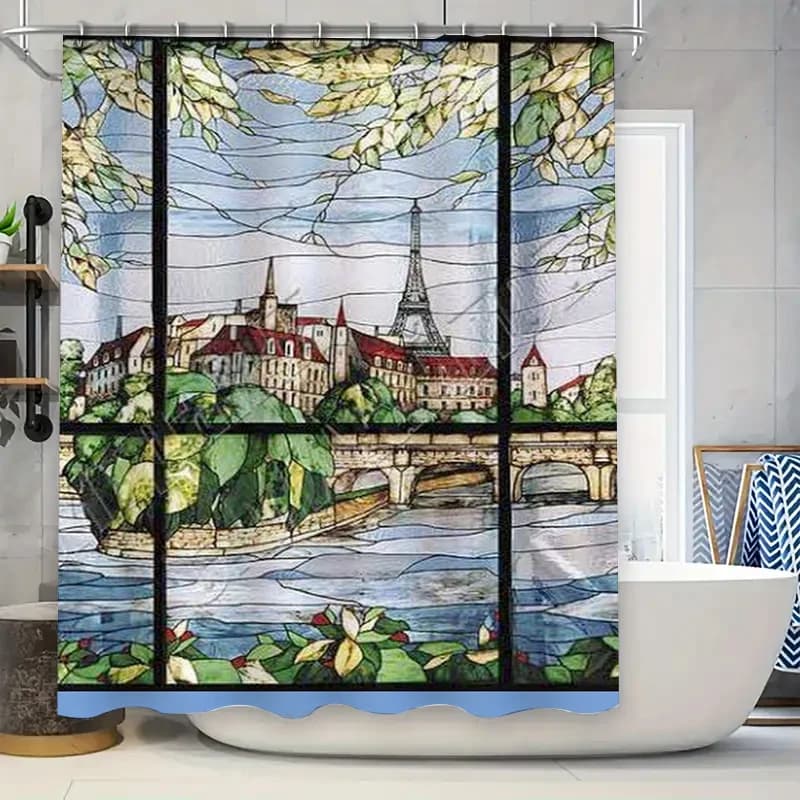 Splendido tenda da doccia con scenario parigino, design in vetro colorato di ispirazione europea per l'arredamento del bagno