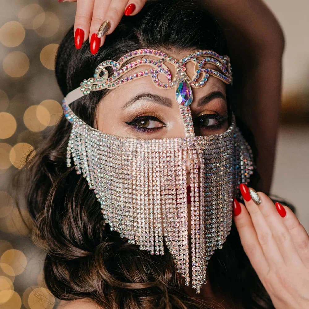 Maschera Esotica Boho con Nappe e Catena per il Viso, Decorazione per Danza del Ventre e Cosplay, Elegante Maschera in Cristallo a Goccia d'Acqua, Gioiello per il Viso, Regalo