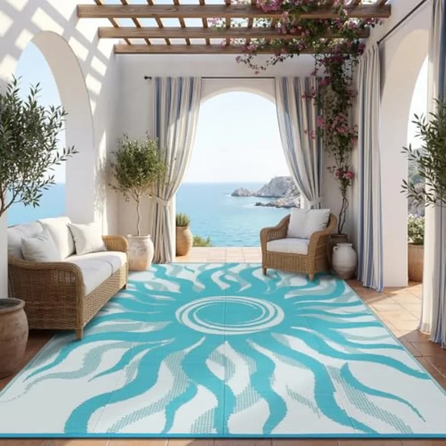 Tappeto da Esterno 8x10 Impermeabile con Motivo Boho Sole, Tappeti Reversibili in Paglia Sintetica per Campeggio, Interni ed Esterni, Tappetino per Camper