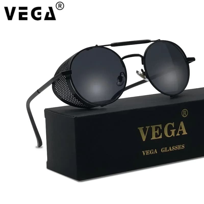VEGA Occhiali da sole rotondi Steampunk da uomo/donna con protezioni laterali pieghevoli Occhiali da sole Steampunk/Steam Punk vintage in metallo 340