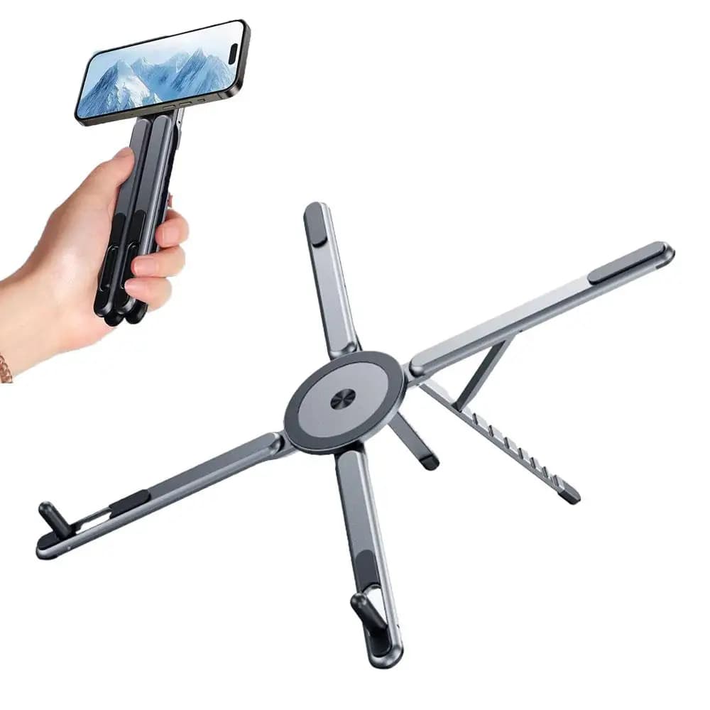 Supporto Magnetico Portatile per Telefono e Asta Selfie 3-in-1, Treppiede Pieghevole per iPhone, iPad, Tablet, Laptop e Uso Desktop