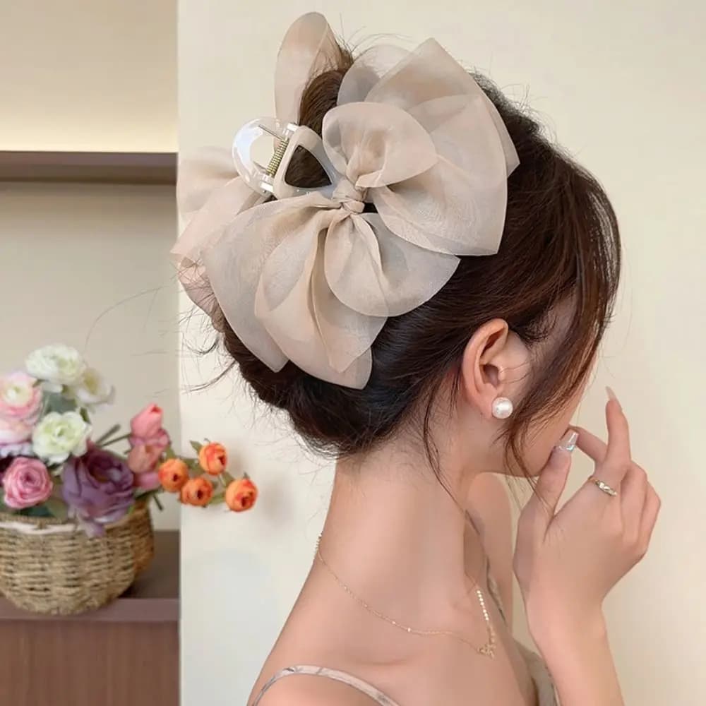 Fashionable French style chiffon hair clip, with bow, elegant and large, for woman