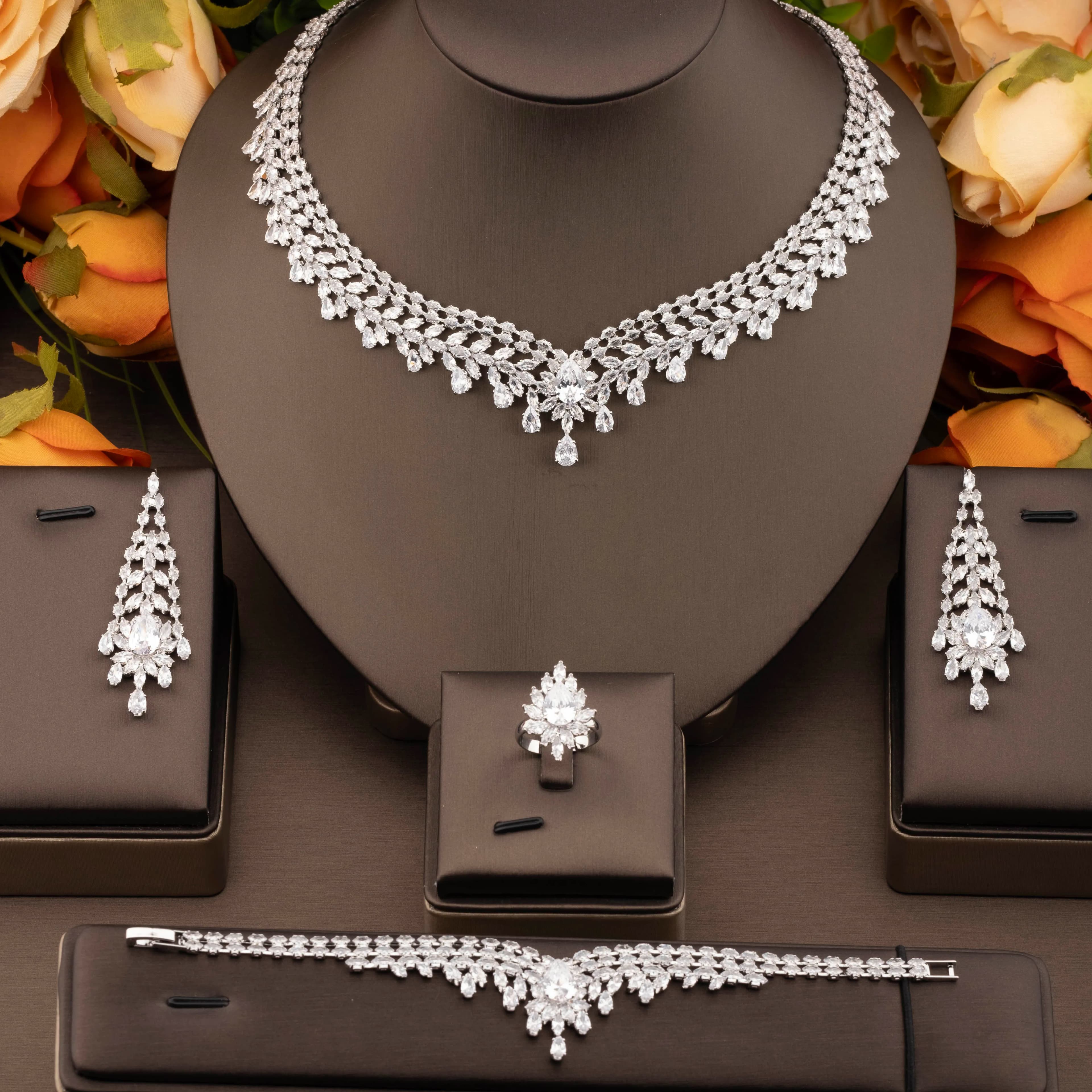 1 Set of Luxurious Inlaid Sparkling Cubic Zirconia Wheat Ear Design Jewelry Set Suitable for Women to Wear at Weddings and Banquets. Gift Box Not Included