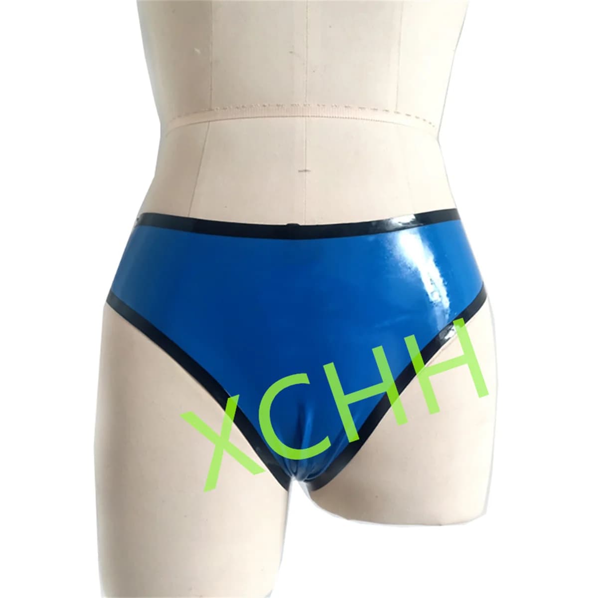 Slip da donna in lattice blu con finiture nere Pantaloncini fetish sexy Intimo in gomma