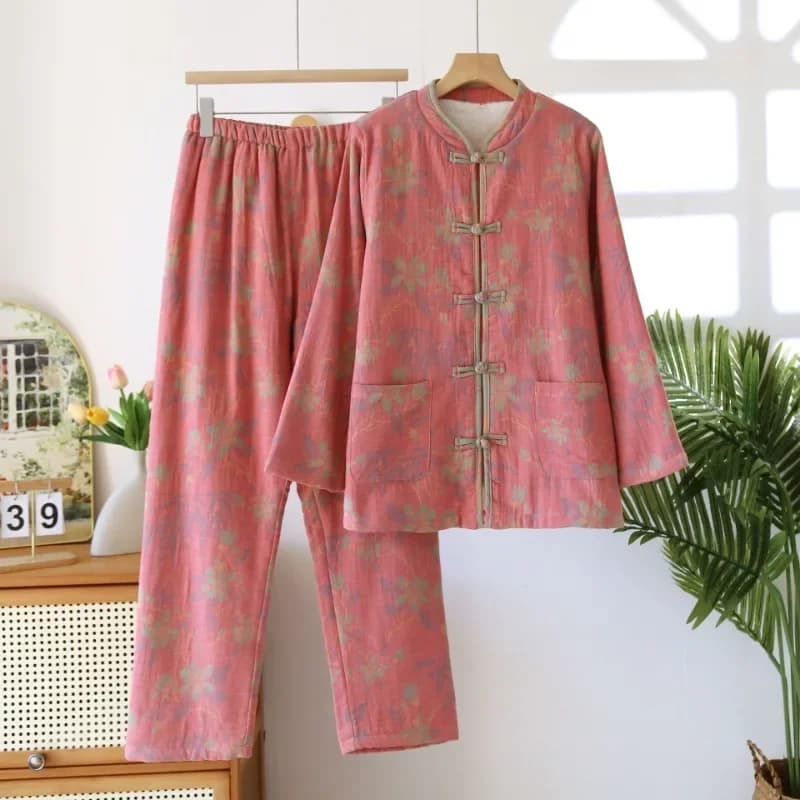 Women's Chinese Style Pajama Set Quilted Cotton Tang Suit Loungewear Winter Warm Frog Button Sleepwear with Fleece Lined Collar