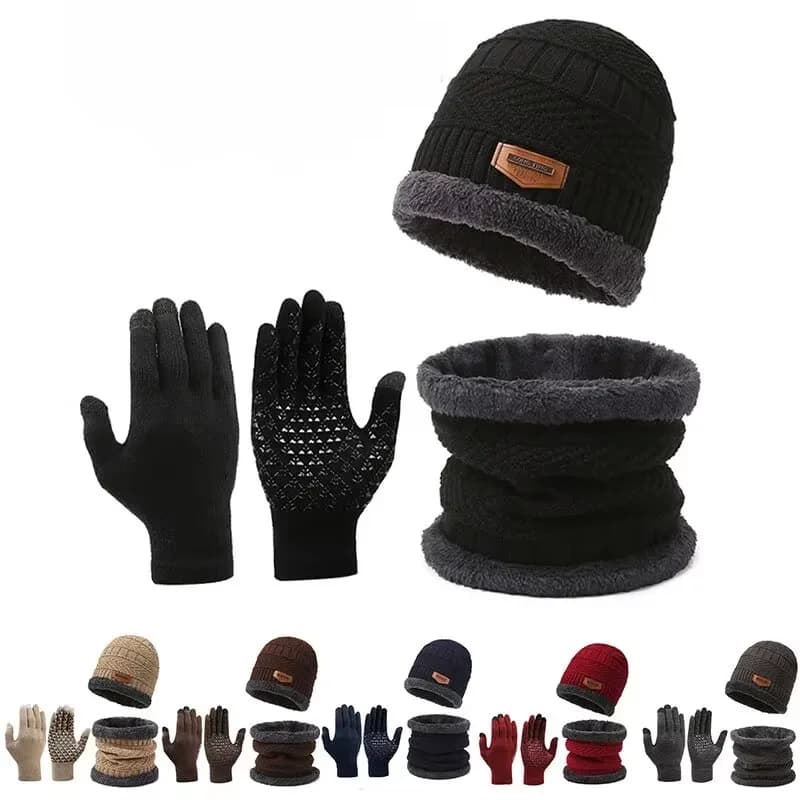 Cappello invernale caldo in tre pezzi, collo, guanti, sciarpa con velluto, ciclismo resistente al freddo, touchscreen, cappello lavorato a maglia