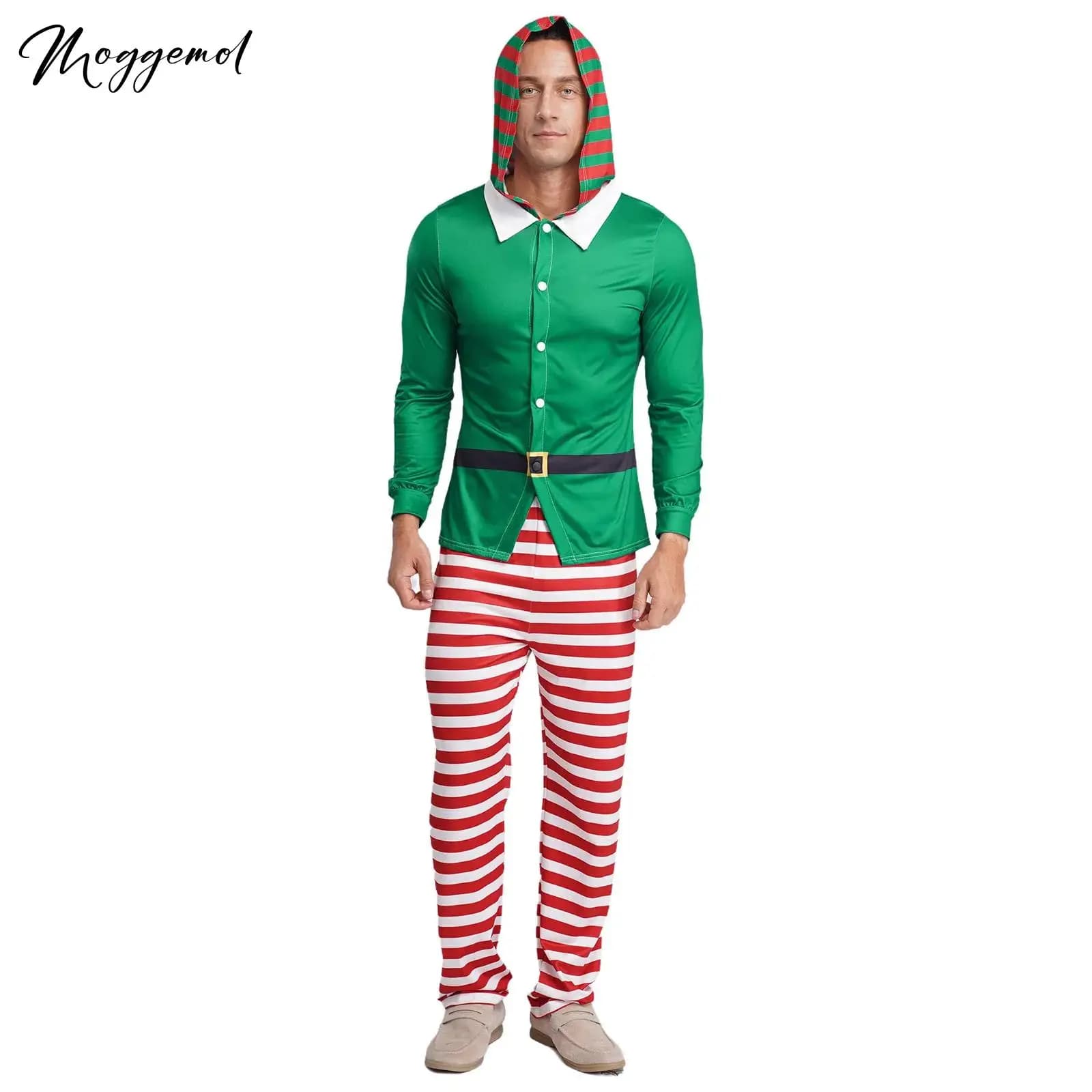 Pigiama da elfo natalizio da uomo, costume cosplay per feste, top a maniche lunghe con cappuccio e pantaloni a righe, per la raccolta della vigilia natalizia