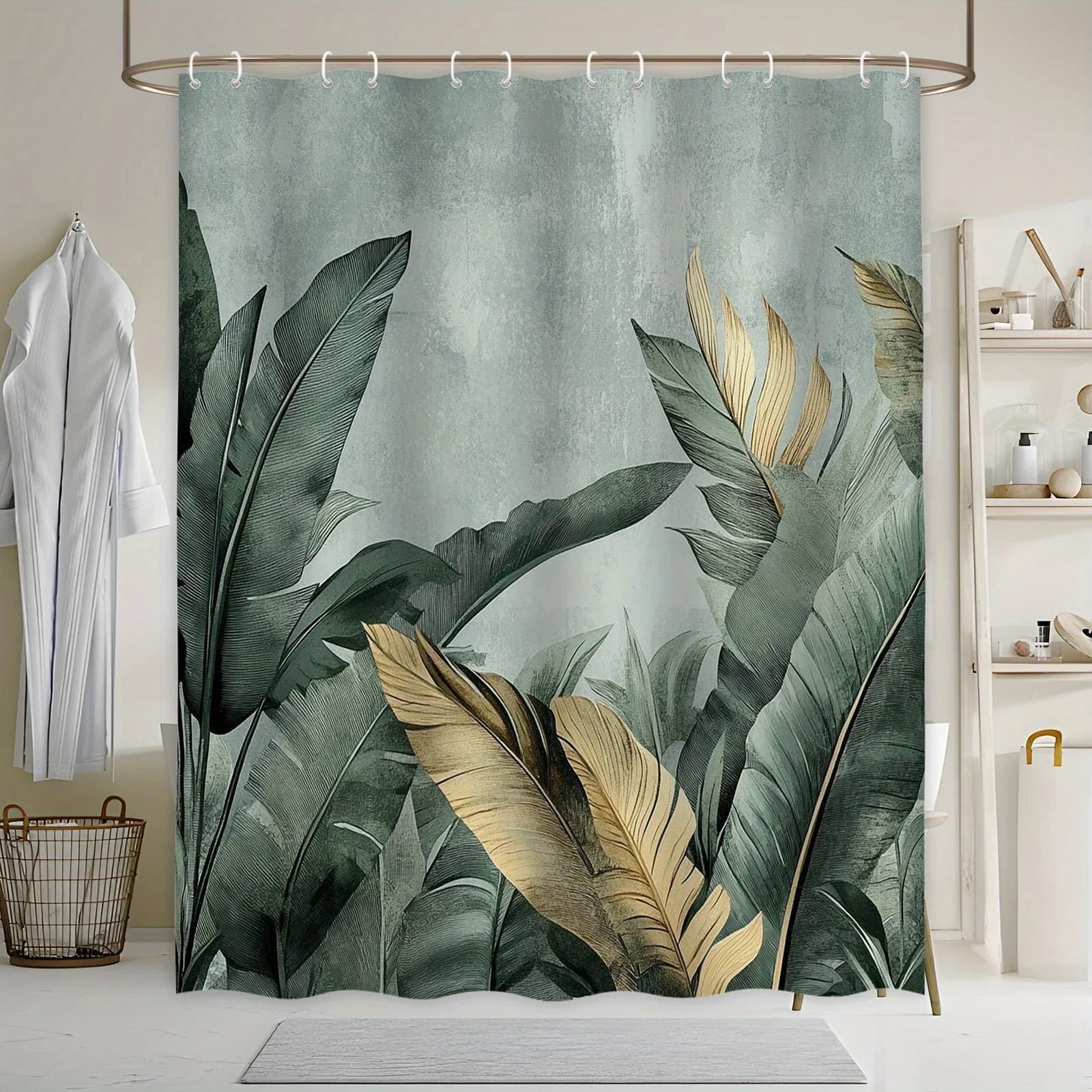 Lussureggiante tenda da doccia con foglie tropicali: verde vibrante e giallo su verde acqua, design ispirato alla natura, poliestere, lavabile in lavatrice