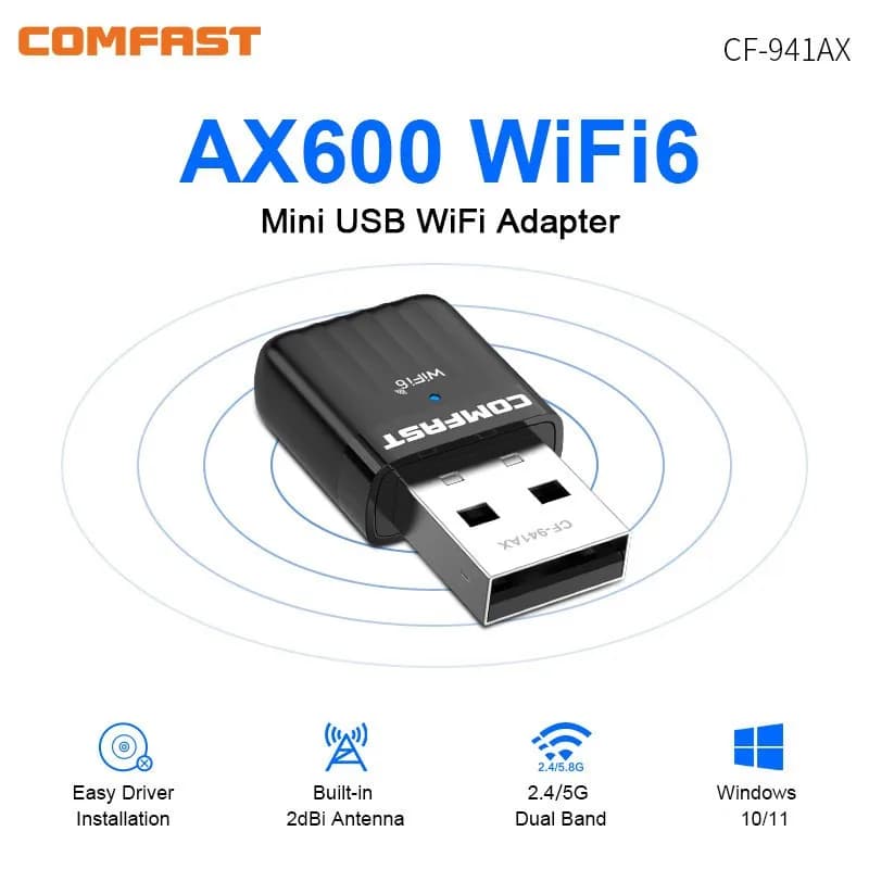 Adattatore WiFi 6 Comfast AX600 Mini USB, Antenna 5GHz per PC, Dongle 802.11ax, Scheda di Rete Wireless per Windows 10/11