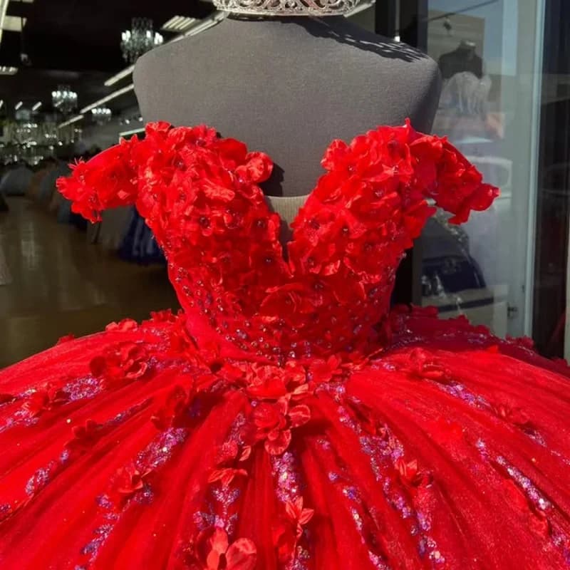 Abito rosso Crystal Glitter Decalcomania con spalle scoperte Pizzo Coda lunga Fiore 3D Abiti da 15 Quinceanera Personalizza