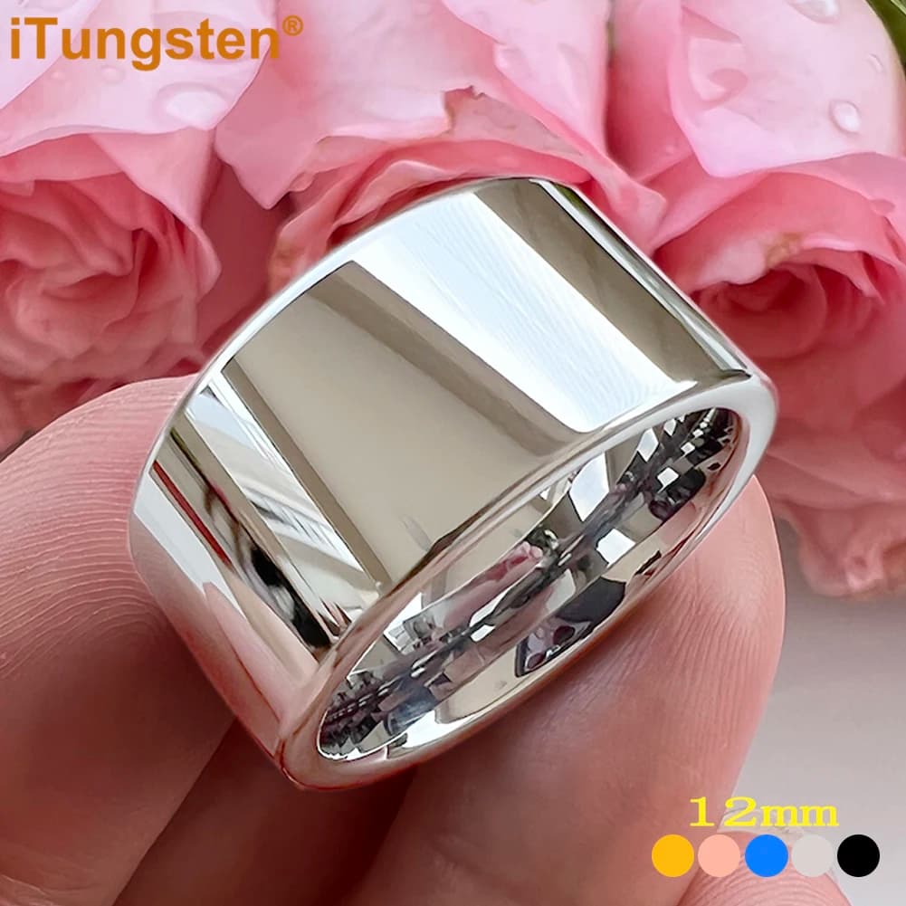 ITungsten 12mm Dropshipping Large Men Ring Shiny Tungsten Wedding Band Fashion Jewelry Pipe Cut Polished Comfort Fit