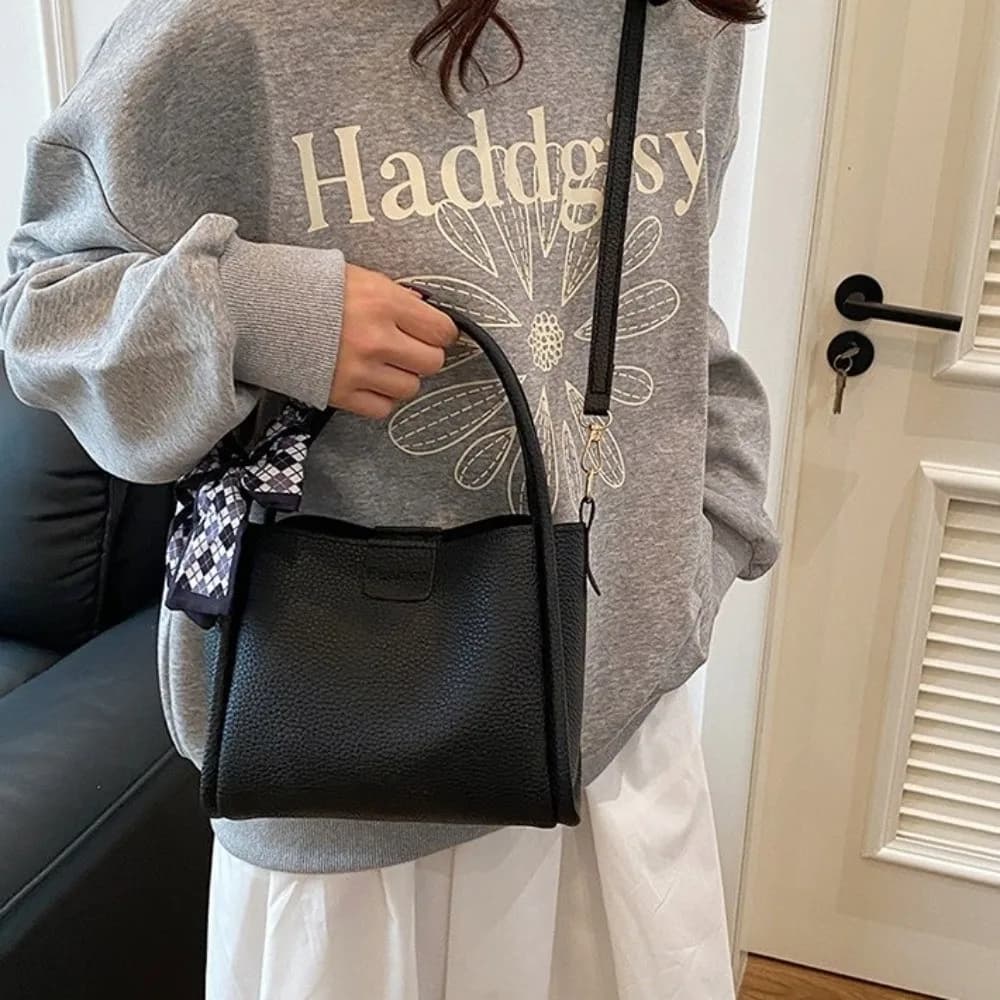 Casual Minimalist Pu Leather Bucket Bag Versatile Solid Color Crossbody Bag with Ribbon Korean Style Women 's Handbag Travel