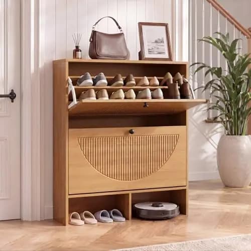 Shoe Cabinet, Shoe Storage Cabinet with 2 Flip Drawers & Adjustable Shelf, Space-Saving Shoe Organizer – Holds 16+