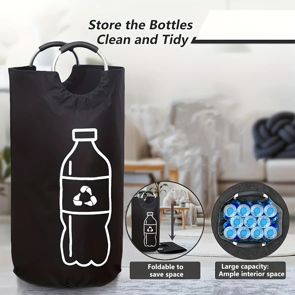 Foldable Recycling Bag Large Laundry Hamper Collapsible Trash Bin Oxford Cloth Storage Basket with Handles for Kitchen Home