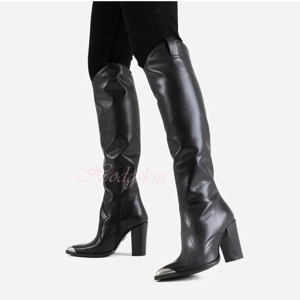 Stivali a punta in metallo stivali alti al ginocchio tacchi alti in pelle solida Slip On stivali lunghi scarpe Sexy da donna Winter Party Designer nero