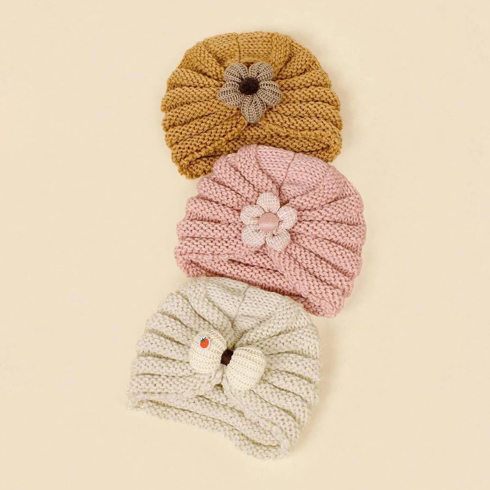 Autunno Inverno Mantieni il calore Strisce Cappello Decorazione floreale per bambini Uncinetto Simpatico turbante Ragazza Fotografia Indossare Accessorio per capelli Regalo infantile
