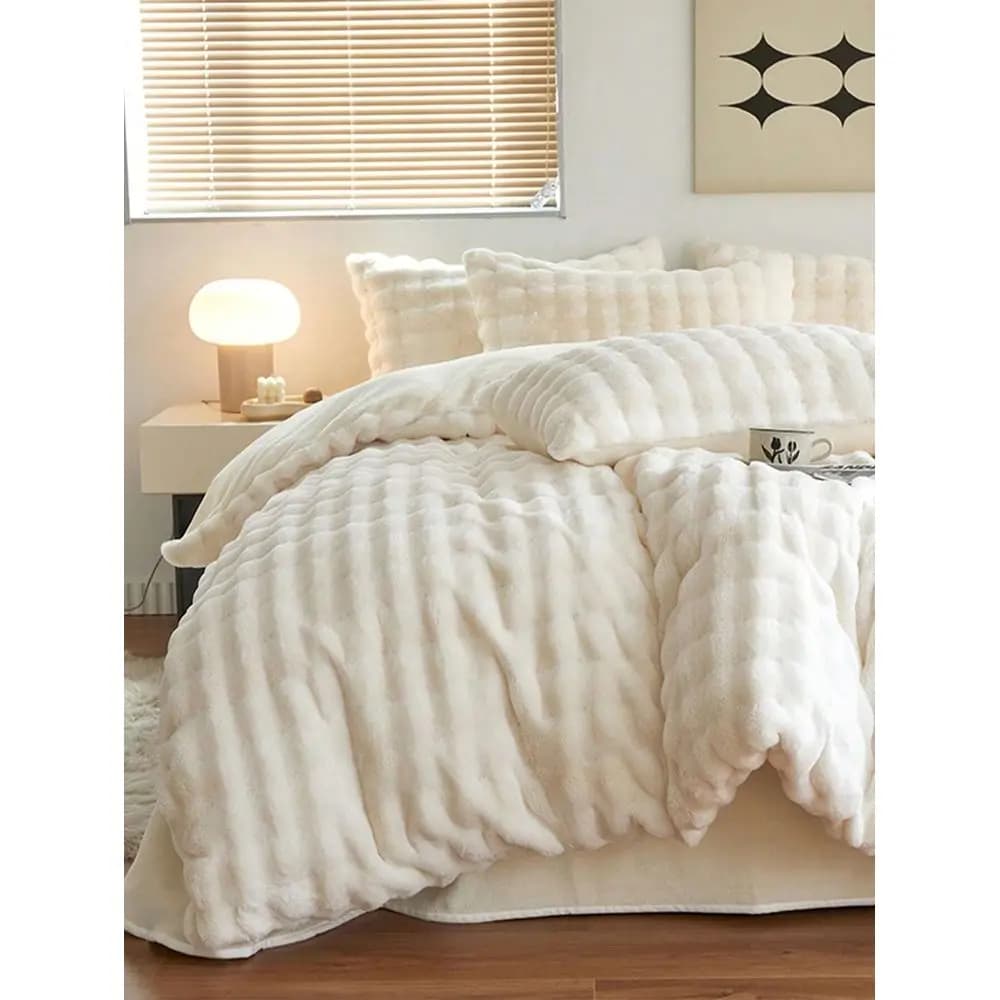 Cream White Bubble Plush Sherpa Fleece Duvet Cover Set, Machine Washable For Bedroom Bedding, Warm