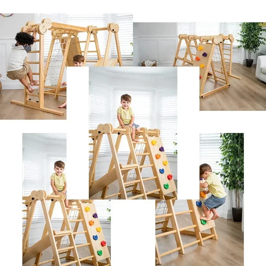 7-in-1 Indoor Playset for 2-6: Slide, Climbing Wall, Ladder, Net, Bars, Swing, Ring USA-made durable steel frame, blue and red