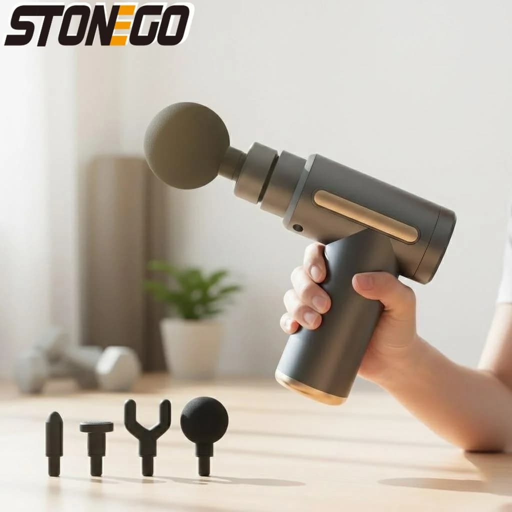 Percussion Muscular Massage Gun for Textiles Backgrounds, Portable Massage for Alleviating Pain, Collo and Gambe