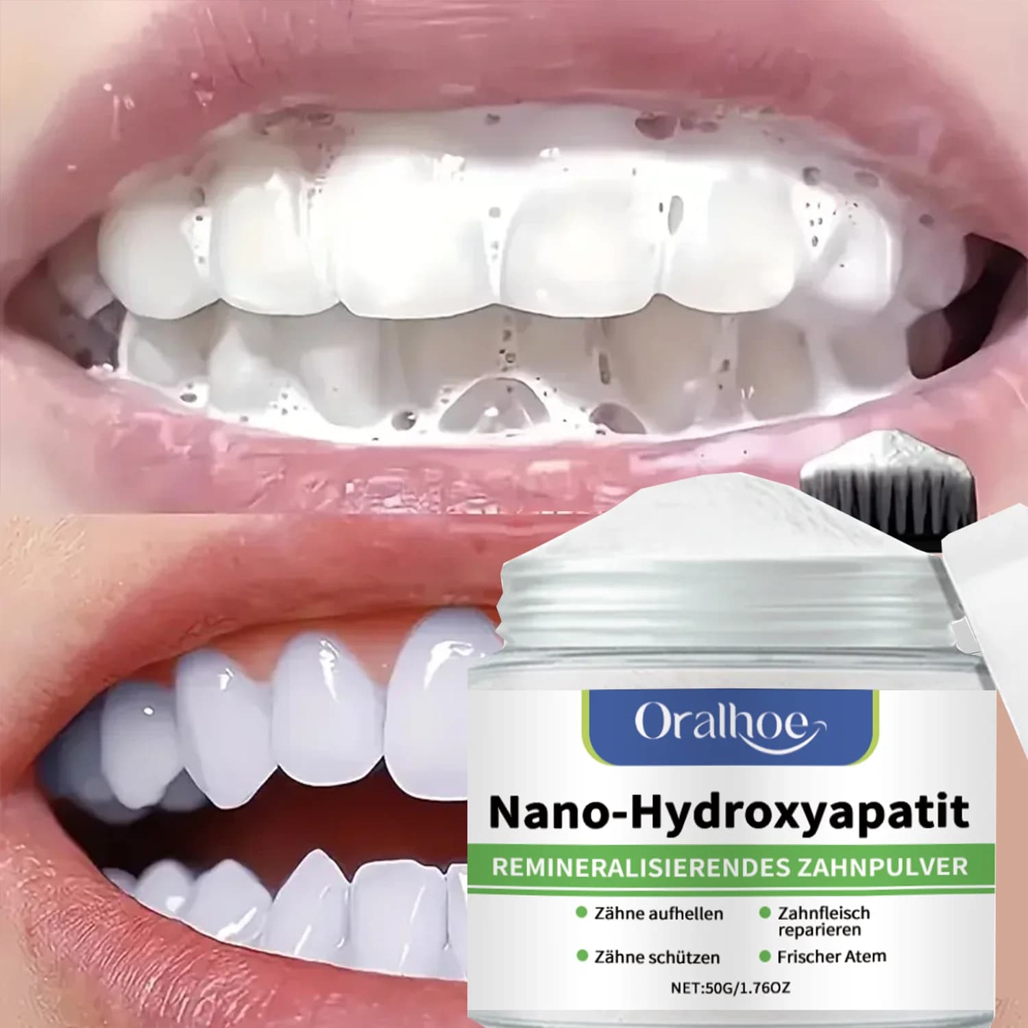 Tooth Whitening Powder with 10% Hydroxysiapatite, Gel Nail Polish Repair and Mint Taste Freshness, Daily Remineralizing Care