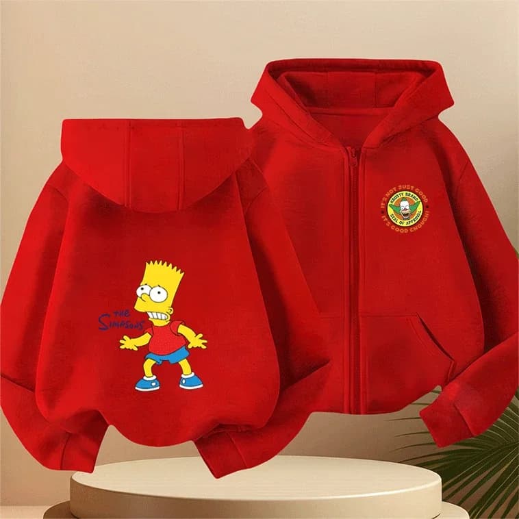 Felpa con cappuccio con zip per bambini con motivo Bart Simpson 2-14 anni, tinta unita, abbigliamento da esterno per ragazzi e ragazze, autunno inverno