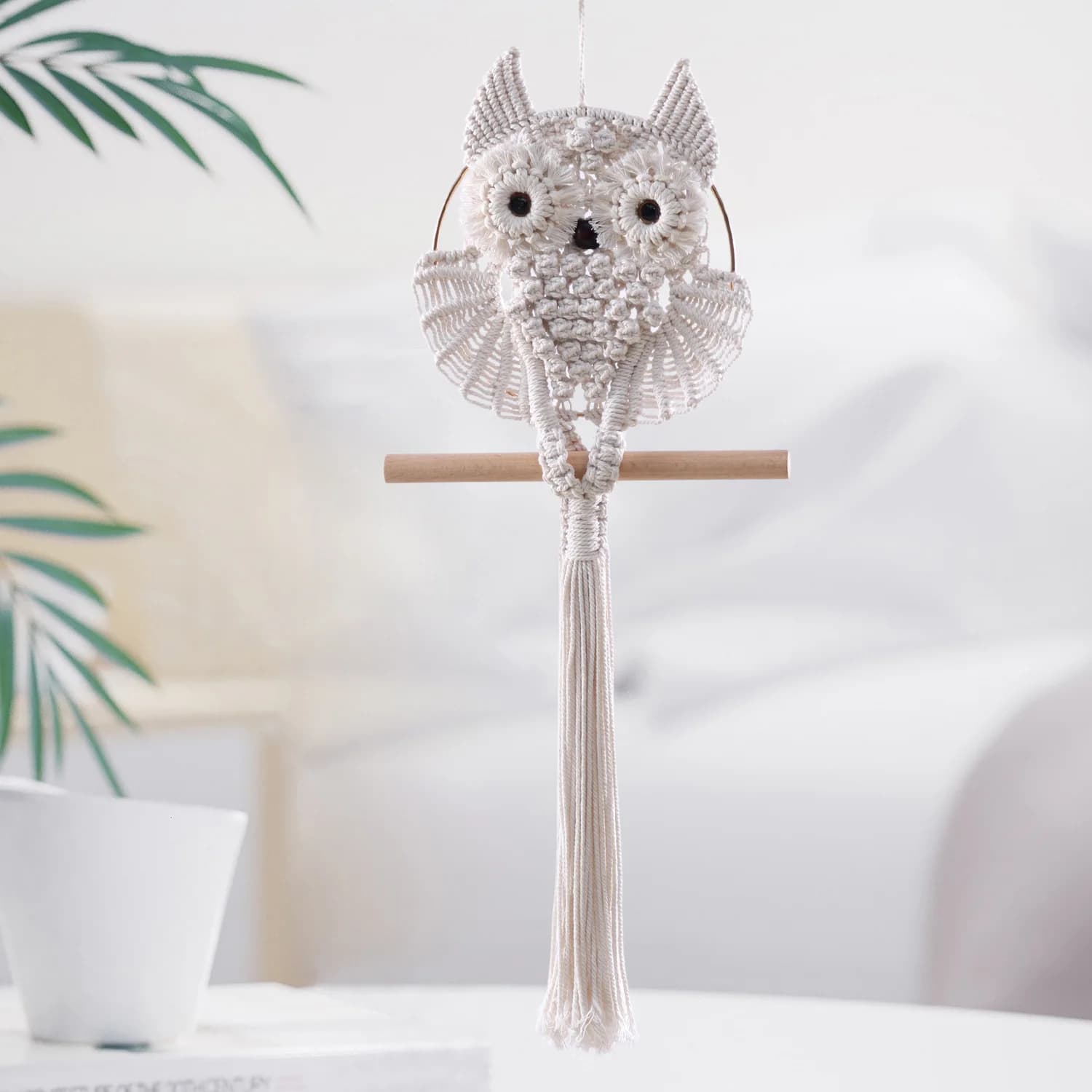 Owl Macrame Wall Hanging, Handwoven Owl Dreamcatcher Tassel Tapestry, Boho Animal Wall Decor for Bedroom