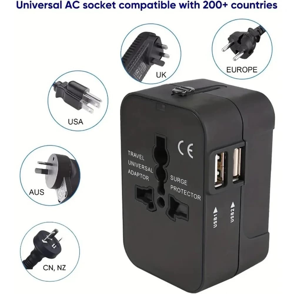 Adattatore da viaggio universale multinazionale con doppia presa USB per la ricarica, convertitore di prese internazionali per UE, Stati Uniti, Regno Unito, Australia, per viaggi internazionali.