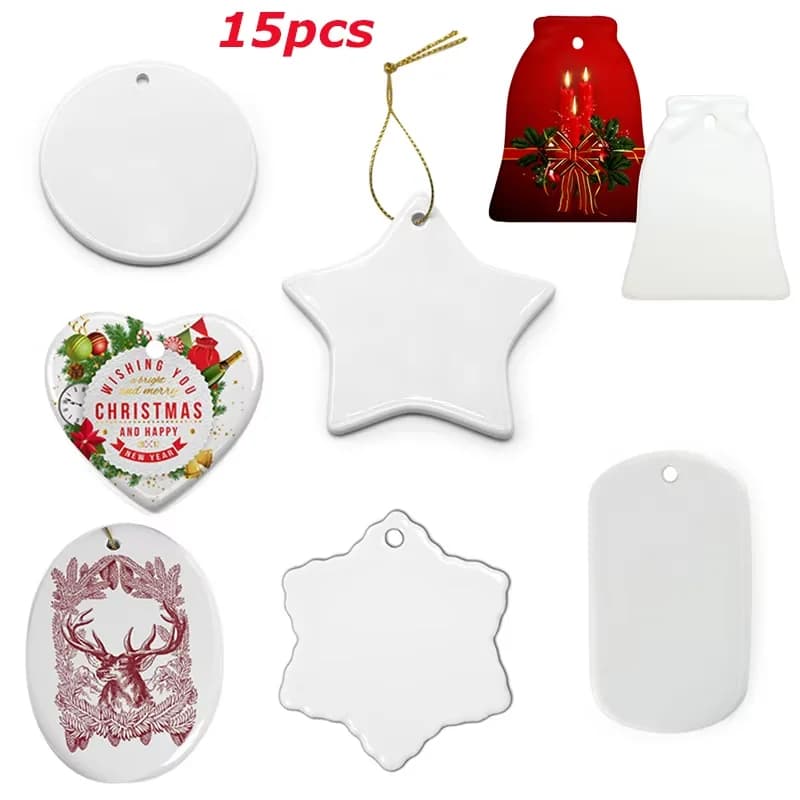 15Pcs Sublimation Blank Pendant Heat Transfer Ceramic Hanging Ornaments Christmas Tree Decoration for Holiday DIY Crafts Party