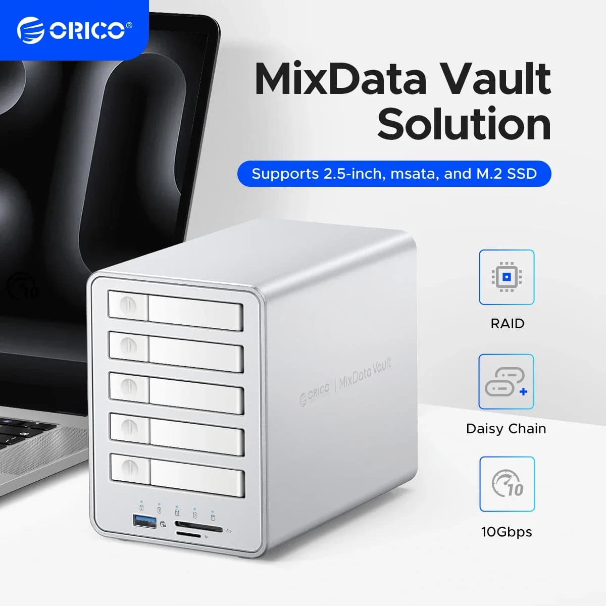 ORICO Docking Station per HDD SATA a 4 Bay 10Gbps 5Gbps, Enclosure per Dischi All-Flash con Ventola di Raffreddamento, Supporta RAID, per Hard Disk da 2.5" e 3.5"