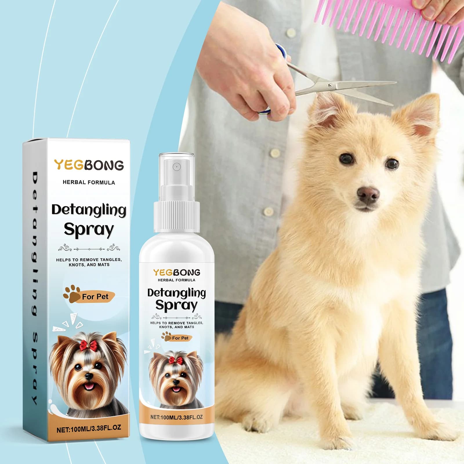 Yegbong Dog Detangler Spray Pet Hair Untangling Smooth Care Spray Fresh Fragrance No Rinse All Sizes Pet Grooming Tool 100ml