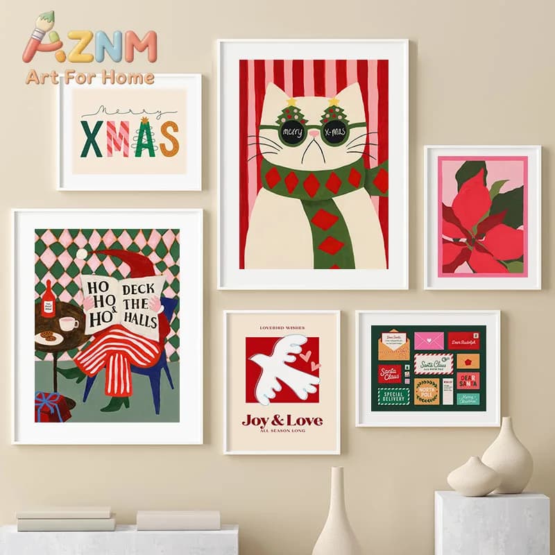 Christmas Cat Tree Santa Claus Nordic Posters Prints Canvas Printing Wall Art Picture for Holiday Living Room Bedroom Home Decor