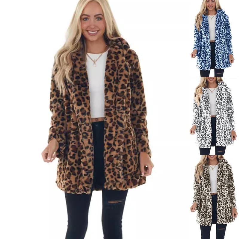 Modern Style Women's Loose Fur Jacket Winter Collection Leopard Print Fashionable Elegance Simulated Fur Coat with Pockets