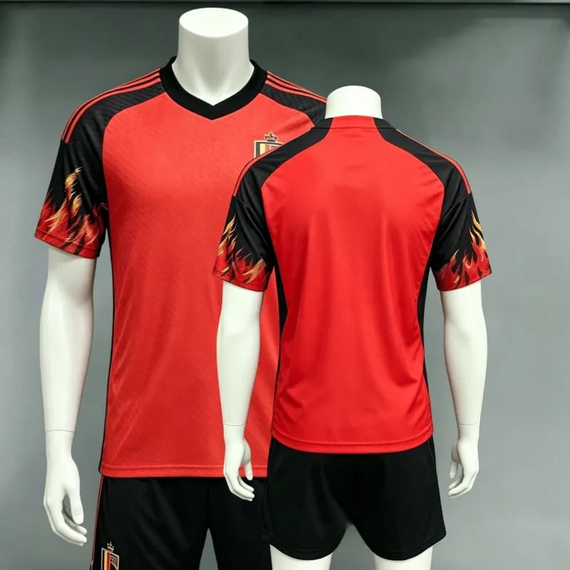 Set di 2 Maglie da Calcio del Belgio con Pantaloncini Rosso Brillante, Completo Sportivo da Uomo a Maniche Corte per Allenamento