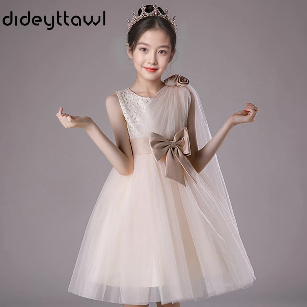 dideyttawl Customized Girls Asymmetric Tulle Cape One Shoulder Rose Appliques Lace Beaded Bodice Satin Belt Large Bow Tulle
