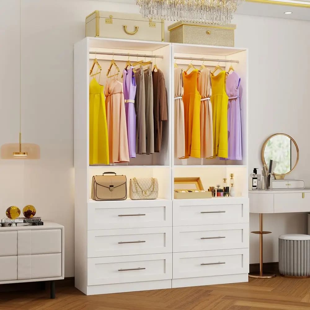 Sistema con 6 cassetti, sistema organizer per armadio da 4FT10FT, sistemi per armadi in legno per cabine armadio con 4 aste appendiabiti e 2 ripiani