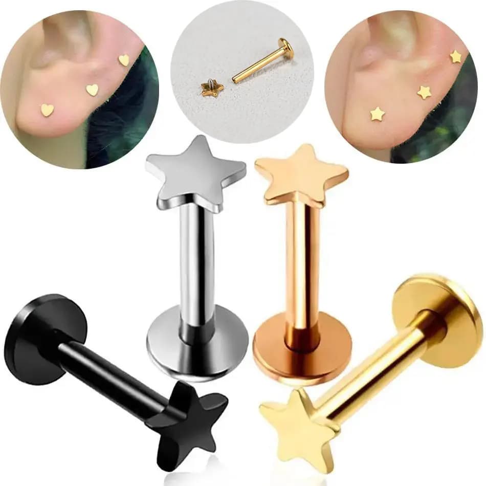16G Piercing Acciaio al titanio Filettatura interna Labret Stella piatta Cuore Top Trago Elica Cartilagine Orecchino Uomo Naso Stud gioielli per il corpo
