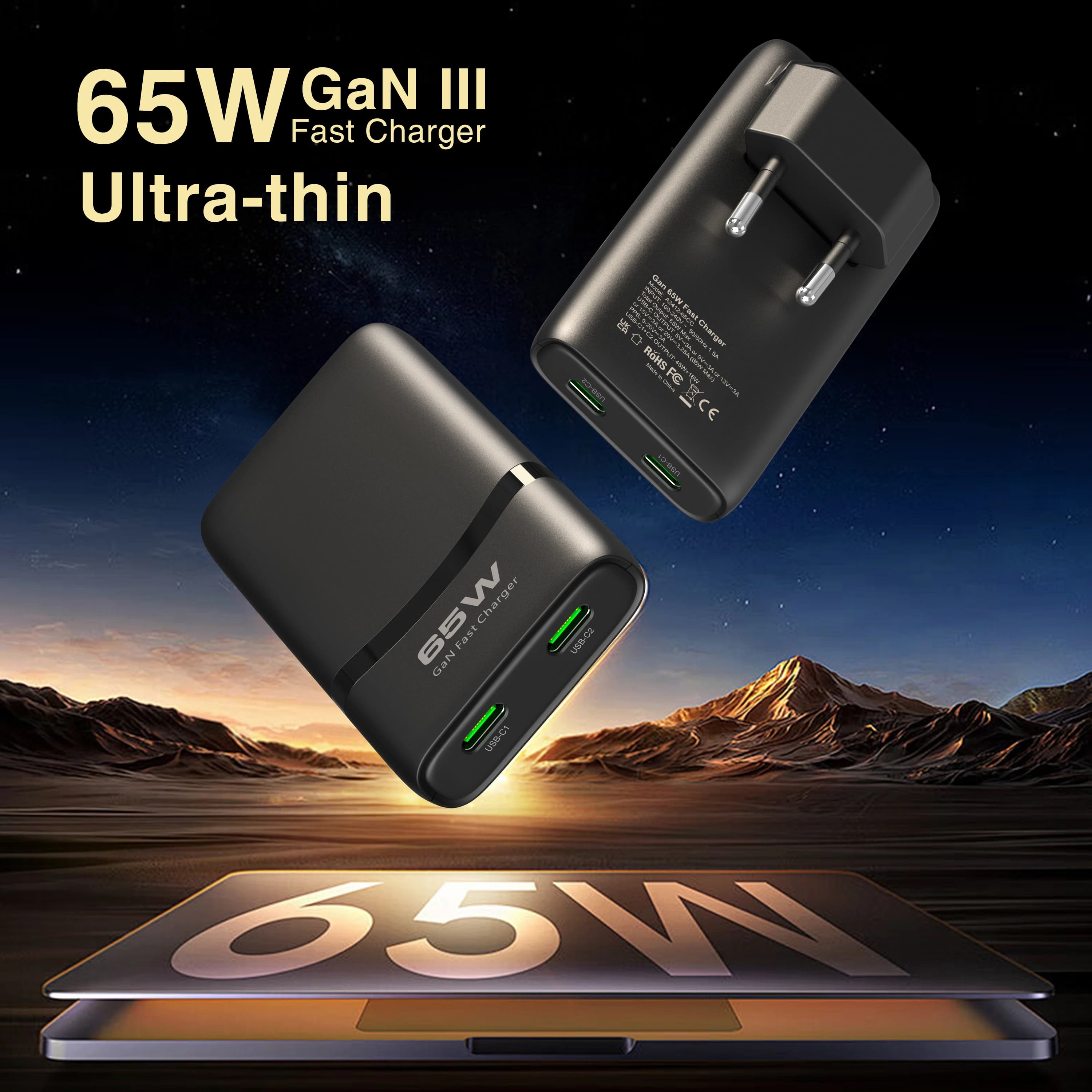 Caricatore piatto GaN USB C da 65 W Caricatore rapido da muro a doppia porta Adattatore di alimentazione compatto con spina pieghevole per telefono cellulare