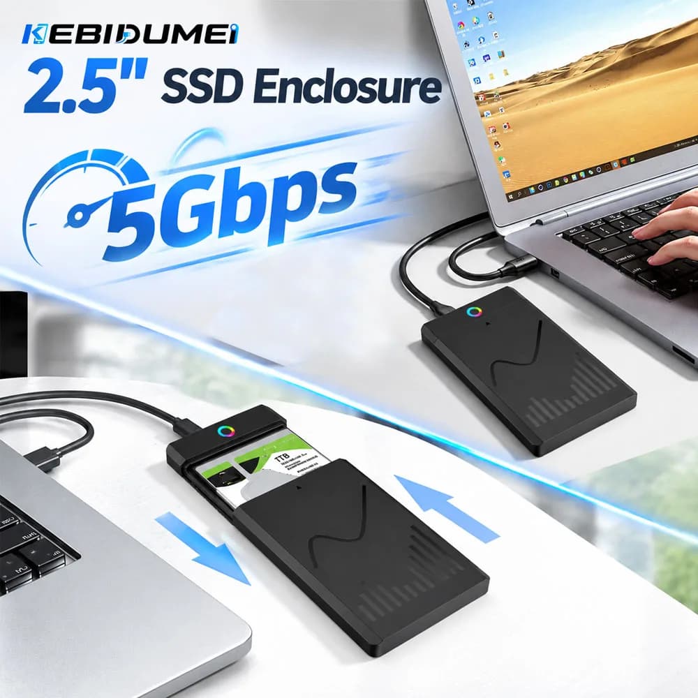 KEBIDUMEI RGB 2.5inch SSD Enclosure 5Gbps SATA to USB3.0 Type-C Adapter Case External Hard Drive Box Tool-Free 6TB Storage Box