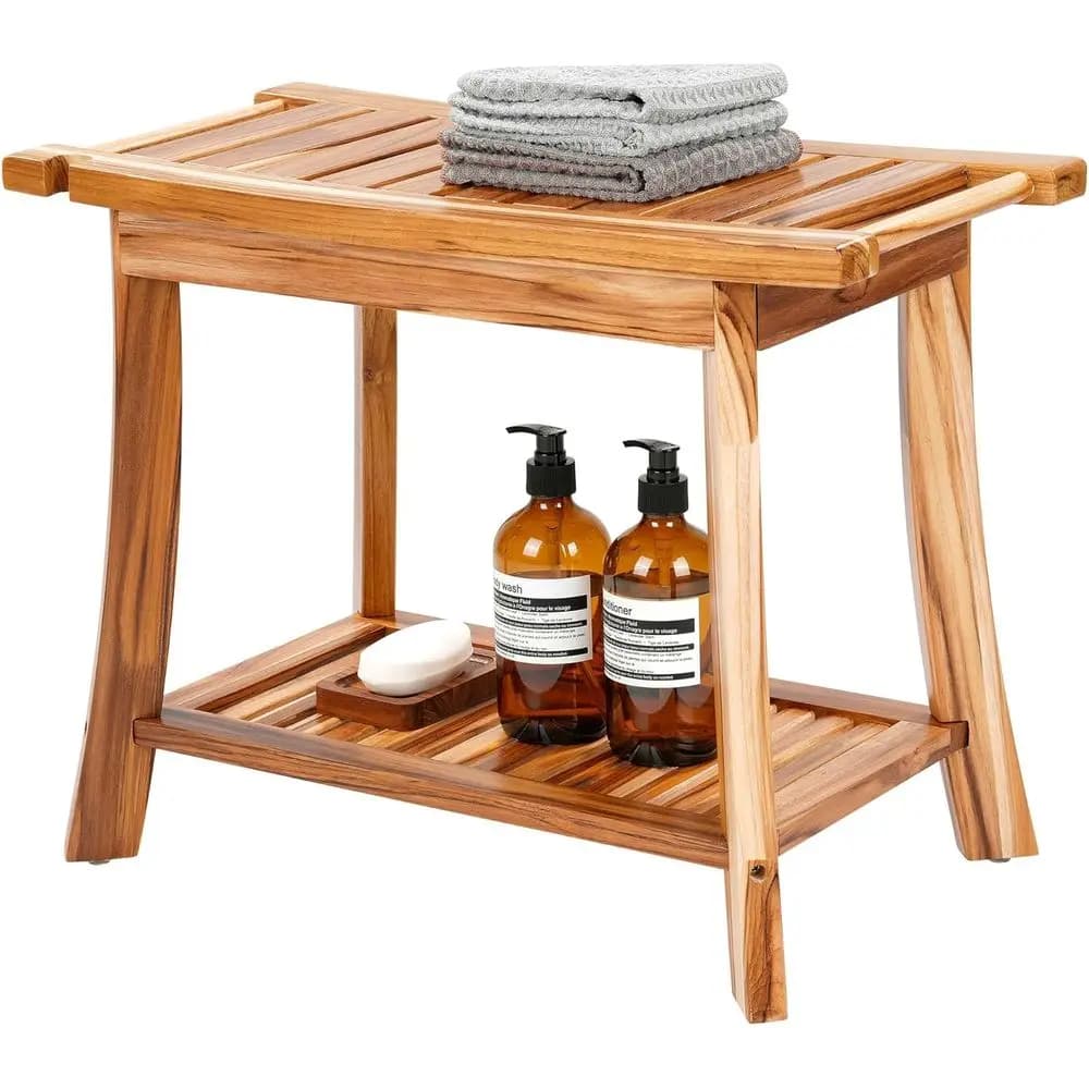 Panca da Doccia in Teak Massiccio con Porta Asciugamani, Sgabello Impermeabile a 2 Livelli, Seduta Antiscivolo, Sedile da Bagno Spa, Adatto per Interni ed Esterni
