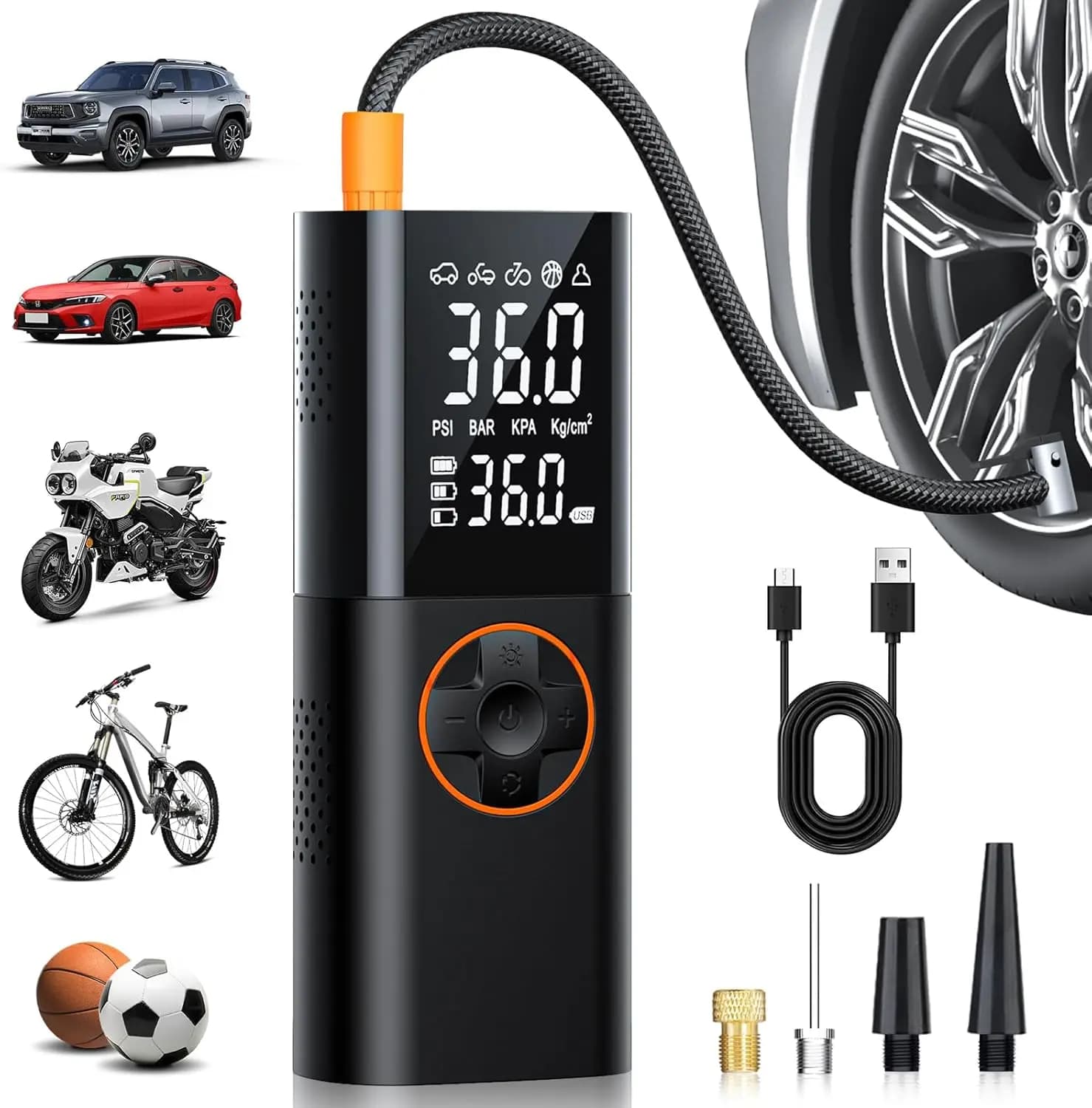 150PSI Wireless Portable Air Compressor Quick Inflator for Auto and Bike Pneumatics with Digital Pressure Gauge and LED Light